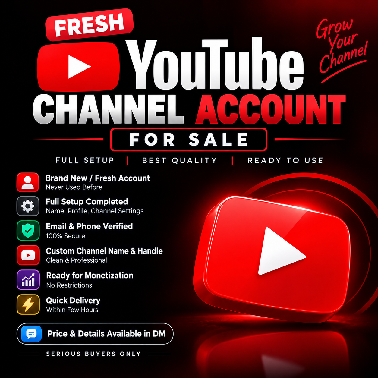🔥 Fresh High-Quality YouTube Channels for Sale | Email Included