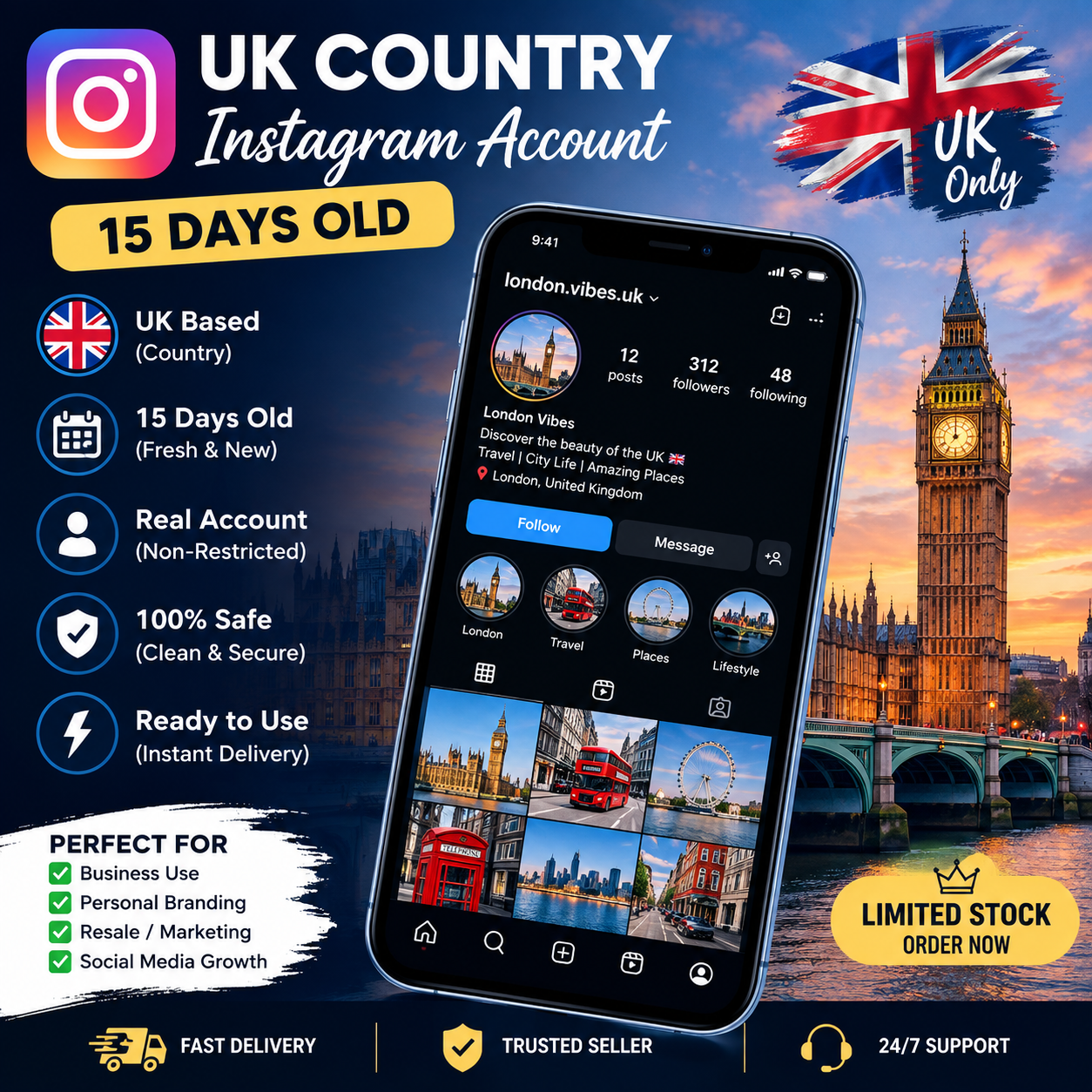 20 day old uk country Instagram account with 2fa
