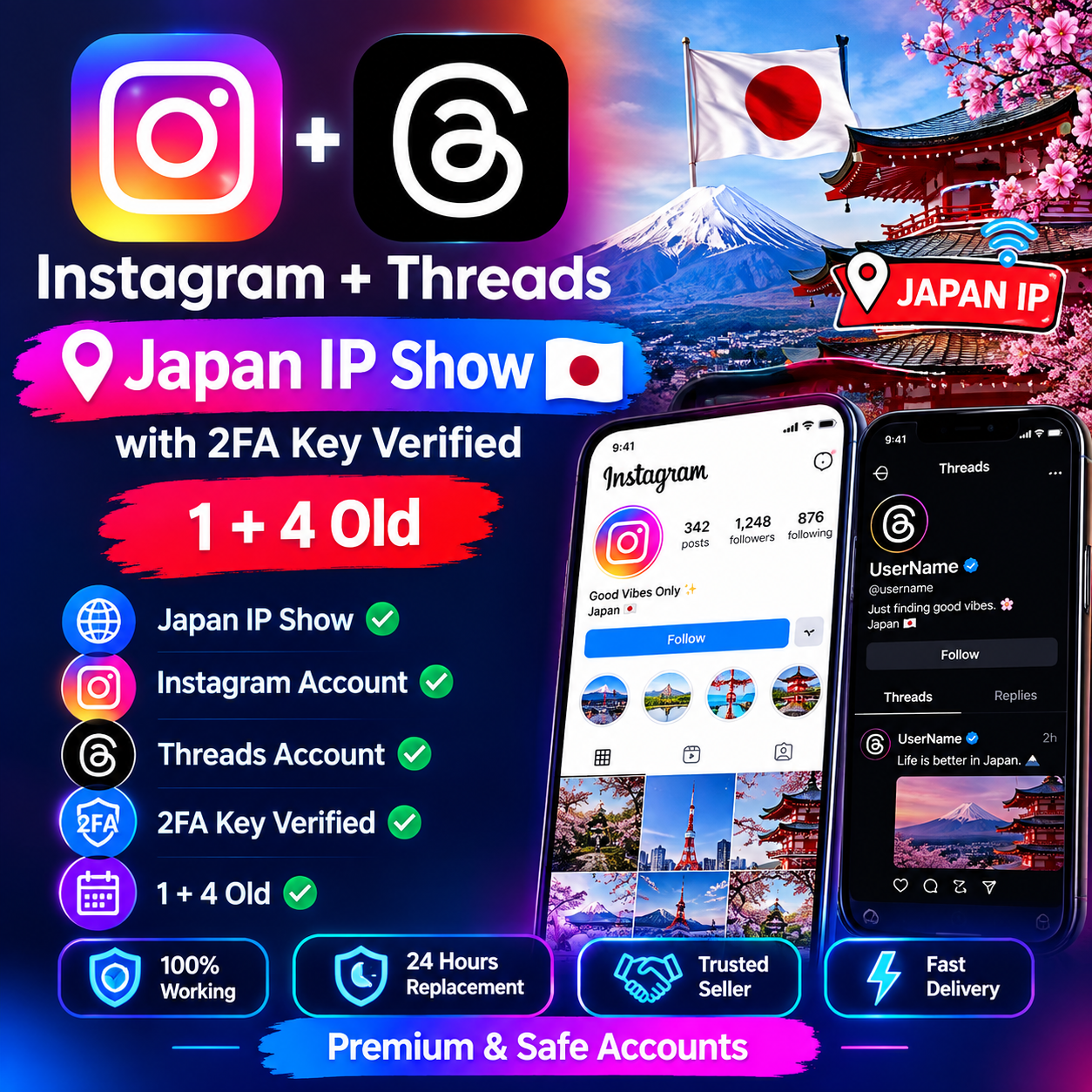 Instagram+threads 1+4month old with 2fa key veryfied Japan IP show