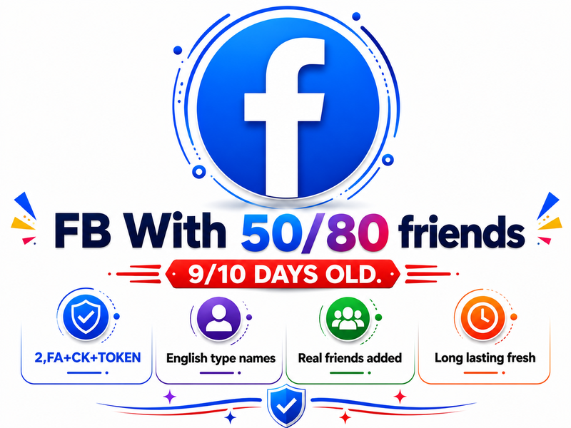 Facebook with 50/80 friends(2FA+COOKIE+TOKEN)|9/20 days old| Verified by random email(emil not in set)| Partially profile with real friends|Name english type,ip asian|Clean long lasting accounts