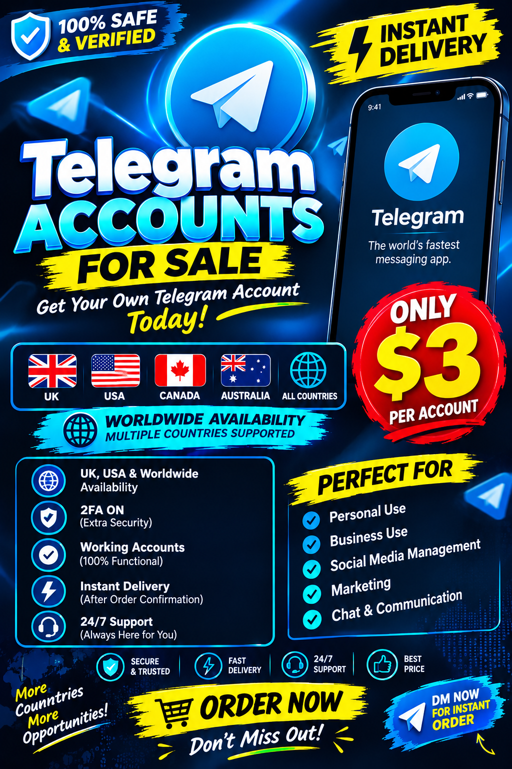 Telegram Accounts | UK USA All Countries | 2FA ON | Manual Delivery